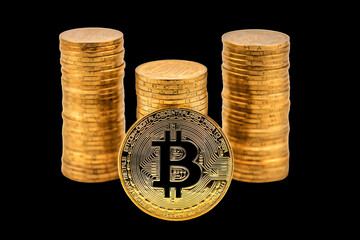 bitcoin and coin stacks on black