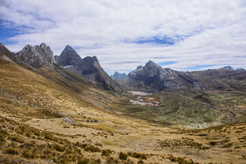 Aerial view of the Quebrada Aguas Calientes and Cancanapunta pass on the Cordillera Huayhuash circuit, Ancash, Peru