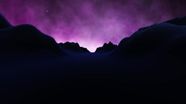 Flight over abstract dark 3d landscape with mountains and artistic stars at night sky. The mountain mesh motion in the deep space.