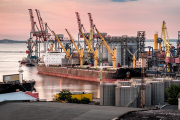 commercial cargo port at sunset
