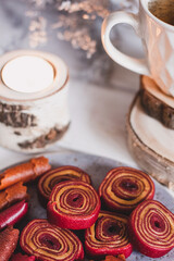 Fruit rolls pastille. Apple candy rolls, chips. Shredded and dried fruits. Useful sweetness. Food dessert. Homemade snack. Degidrated fruits. Natural and healthy, Sugar-Free, nutrition