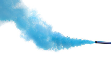 Woman with blue smoke bomb near white wall outdoors, closeup