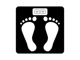 Bathroom scales with foot prints icon. Black object weight control with seat and electronic dial measuring overweight and fitness fight against vector obesity.