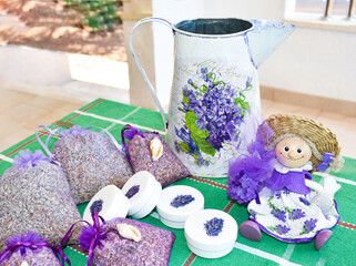 Lavanda souvenirs from island Hvar,Croatia.Lavander festival. Dried lavanda in pocket, funny doll,...