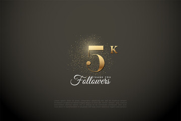 5k followers illustrated with gold numbers and glitter on a vignette gray background.