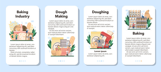 Baking industry mobile application banner set. Baking pastry process.
