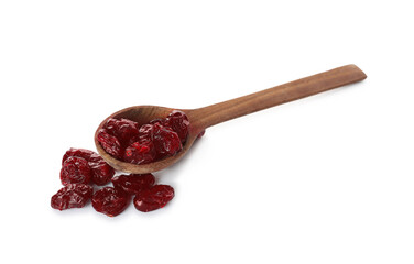 Dried cranberries and wooden spoon on white background