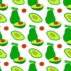 Seamless vector illustration of avocado and avocado slices on a white background.