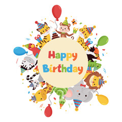 Fototapeta premium Happy Birthday vector illustration with jungle animals, balloons, gifts and cake. Cartoon characters around circle shape. For greeting and invitation cards design.