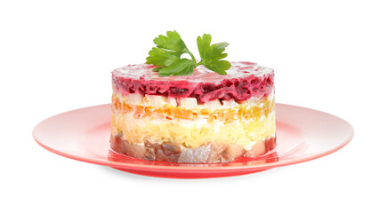 Herring under fur coat isolated on white. Traditional russian salad