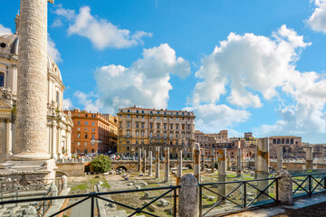 A view of Trajan's Column and forum alongside The Church of the Most Holy Name of Mary in the...