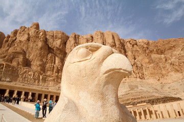 Horus statue infront of famous Hatshepsut temple in Thebes, Egypt
