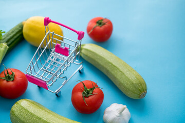 eco-friendly fabric bag with vegetables on a blue background and shopping cart
