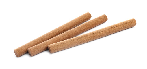 Many aromatic incense sticks on white background