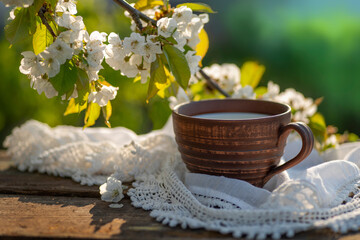 Pottery cup with milk and spring bloom