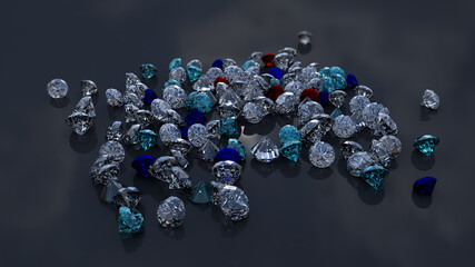 Scattering diamonds gemstones 3D rendering