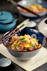 Asian fried rice with bacon and egg.
