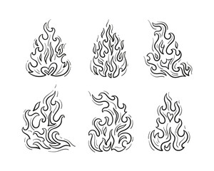 Outline Fire Flame Vector Set. Black and White Fire Flames Tattoo Icons Sketch Drawing
