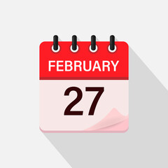 February 27, Calendar icon with shadow. Day, month. Flat vector illustration.