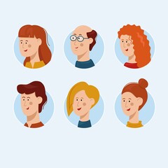 People character avatar template collection. Vector flat person illustration. Set of male and female faces in circle. Design for web app, ui