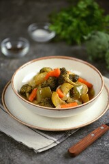 Diet vegetable stew made from broccoli, zucchini, carrots, onions and green bell peppers