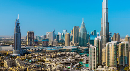 Dubai - amazing city center skyline with luxury skyscrapers and beautiful sky at sunrise, United Arab Emirates
