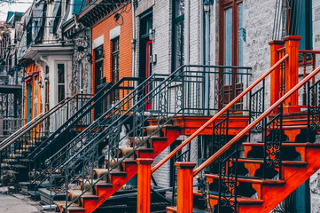 Ancient colorful wooden houses, suburb of Montreal, Canada