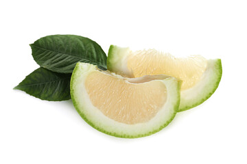 Slices of fresh ripe sweetie fruit and green leaves on white background
