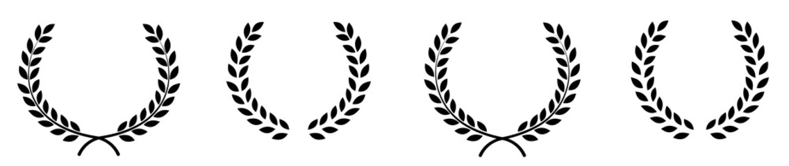 Obraz premium Set of black circular foliate laurels branches.Laurel wreath.Silhouette laurel wreath. Heraldic trophy crest, Greek and Roman olive branch award, winner round emblem. Vector black laurels set