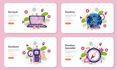 Surveyor web banner or landing page set. Geodesy science , land