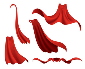 Fototapeta premium Superhero red cape. Scarlet fabric silk cloak in different position, front back and side view. Carnival or masquerade dress, 3d realistic costume design. Silk flying capes