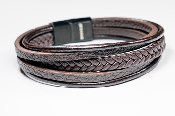 Men's bracelet, brown, leather, on a white background. Gift for Valentine's Day, Father's day, Wedding Day and Birthday.