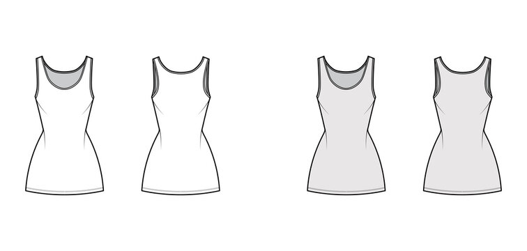 Tank dress technical fashion illustration with scoop neck, straps, mini length, fitted body, Pencil fullness. Flat apparel template front, back, white, grey color. Women, men, unisex CAD mockup