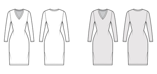 Naklejka premium T-shirt dress technical fashion illustration with V-neck, long sleeves, knee length, fitted body, Pencil fullness. Flat apparel template front, back, white, grey color. Women, men, unisex CAD mockup