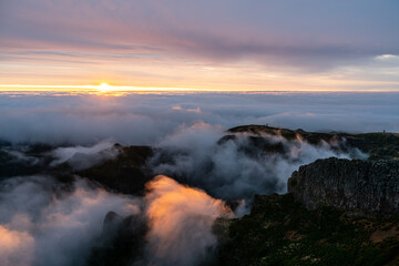 Sunrise on the mountain peak Pico do Arieiro of Madeira Island