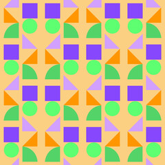 Colorful geometric seamless pattern with circles, triangles and squares in colors of green, purple and orange