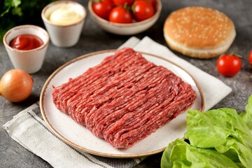 Fresh beef mince and ingredients ready to cook cheeseburgers.