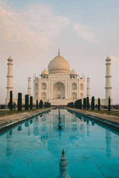 Taj Mahal reflection at sunrise as seen from Char Bagh pool, Agra, India