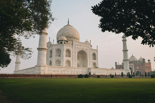 Taj Mahal surrounded by trees in the symmetrical gardens around the complex during sunrise, Agra, India