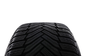 Winter tire on white background, closeup. Car maintenance