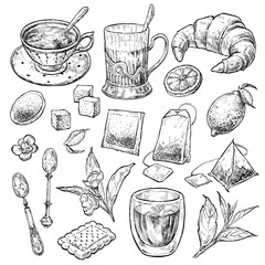 Retro style tea set. Hand drawn vintage vector sketch illustrations. Elements in engraving style.