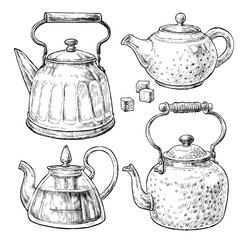 Retro style tea pots set. Hand drawn vintage vector elements in engraving style.