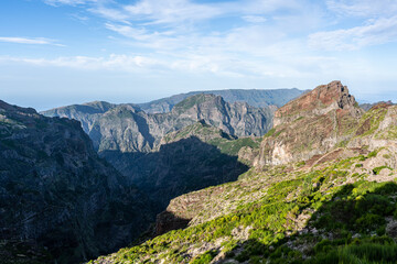 Beautiful mountain scenery near the mountain peak Pico do Arierio on Madeira Island