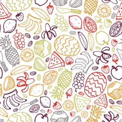 Fotobehang Vector white fruits hand drawn doodle repeat pattern with pineapple, watermelon, dates, strawberry, coconut. Perfect for fabric, scrapbooking and wallpaper projects. © Jamie Soon
