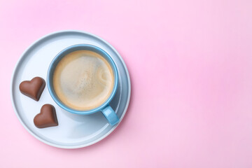 Romantic breakfast on pink background, top view with space for text. Valentine's day celebration
