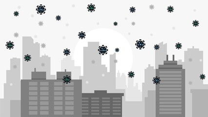 coronavirus cells covid-19 flowing in the air, cityscape. pandemic, health risk. medical concept. Virus of pneumonia infection in city. Stock vector illustartion
