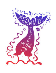 Vector silhouette of a fin of a mermaid tail in rainbow gradient violet orange colors.Fairy tale stencil character. Mermaids have more fin text lettering.Ocean water waves. Vinyl wall sticker decal.