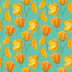 Fototapeta na wymiar Hand-drawn gouache floral seamless pattern with the yellow poppy flowers on light turquoise background, Natural repeated print for textile, wallpaper.