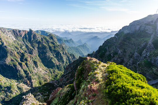 Beautiful mountain scenery near the mountain peak Pico do Arierio on Madeira Island