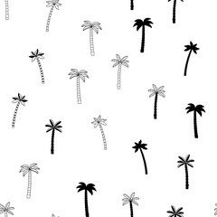 Tropical pattern with palm trees, hand drawn and silhouette of palm, isolated icon. Black vector drawing on a white background. 